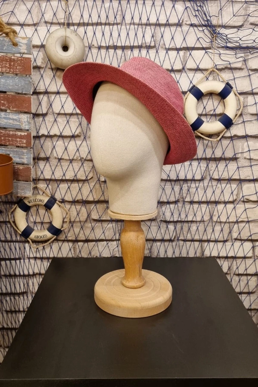 Kumaş Kaplı Ahşap Standlı Polyester Kafa Mankeni Aksesuar Mankeni Şapka Mankeni Peruk Mankeni 0014