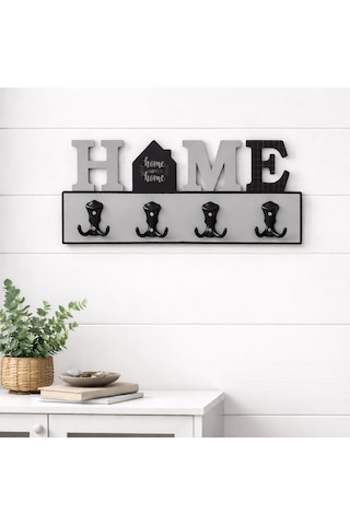 Dyris Home Sweet Home Duvar Askılığı 45x20 Cm Mdf 4 Kancalı Dekoratif Askılık, Antre Ve Hol İçin Gri - Siyah