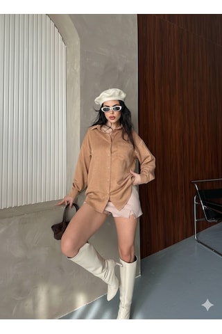 Ribana Classic Kadın Oversize Süet Büyük Beden Uzun Kollu Düğmeli Tek Cepli Gömlek 4962 Kahverengi