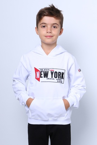Erkek Çocuk Kapşonlu Sweat Baskılı Cepli C34 Beyaz