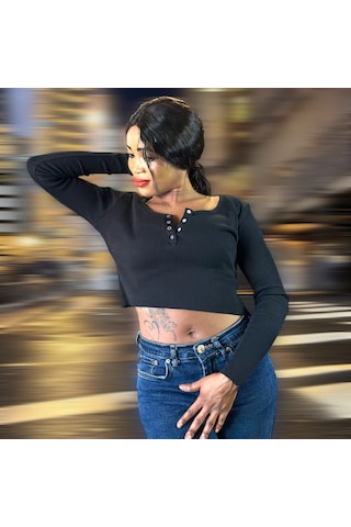 İbeeka Yeni Sezon Havuz Yaka Kesim Çıtçıt Yakalı Pamuk Kaşkorse Crop Body / Bluz Siyah Renk Siyah