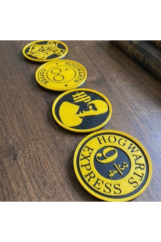 Harry Potter Fan Özel 4'lü Coaster Seti - Sarı-siyah Hogwarts Tasarımlı Bardak Altlığı Sarı - Siyah