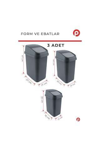 3'lü Çöp Kovası Seti 5+10+17 Litre - Banyo, Mutfak Ve Ofis Tipi Kapaklı Çöp Kovası Takımı - Antrasit Antrasit - Gri