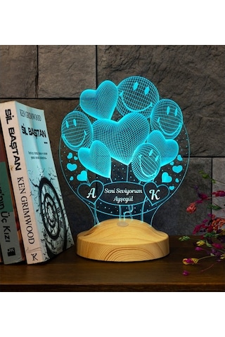 Sevgiliye Eşe Hediye 3D Smiley Kalpler Küre 3 Boyutlu Led Lamba