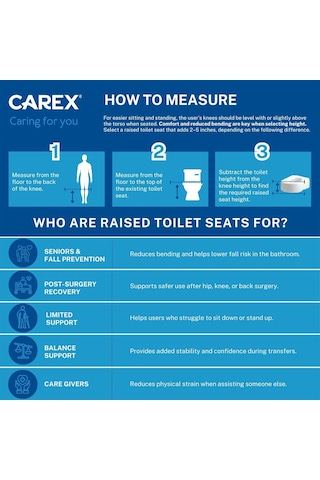 Carex Uzatılmış Menteşeli Klozet Kapağı Yükselticisi, Tuvalete 8 Cm Yükseklik Ekler, 136 Kg Ağırlık Kapasites Çok Renkli