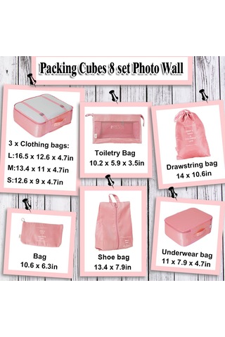 Moveevo Seyahat Çanta Düzenleyici Seti 8 Parça: Kıyafet Sınıflandırma, Su Geçirmez, Mesh Tasarım, Pembe - Çanta Organizer Paketi