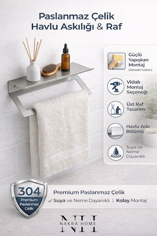 Raflı Havlu Askılığı Paslanmaz Çelik Yapışkanlı Vidalı Banyo Raflı Havluluk Inox