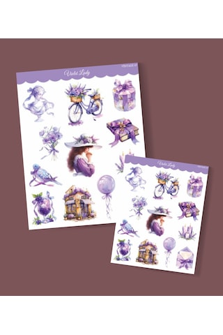 Violet-mor Lady- Ajanda Defter Süsleme-vintage Sticker Set Mat Kağıt-2li Etiket Seti-journal Süsleme Beyaz