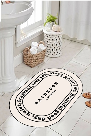 Bathroom Yazılı, Yazılı Banyo Paspası, Dekoratif Paspas, 60x100 Krem