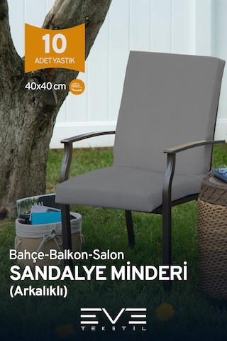 Eve Tekstil Bahçe - Salon - Balkon Arkalıklı Fermuarlı Bağlanabilir Yıkanabilir Sandalye Minderi 10 Adet Gri