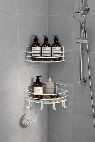 Sas Haus Tek Katlı Köşe Duş Rafı Kancalı Banyo Şampuanlık & Organizer 2 Adet Beyaz Tk-01 beyaz