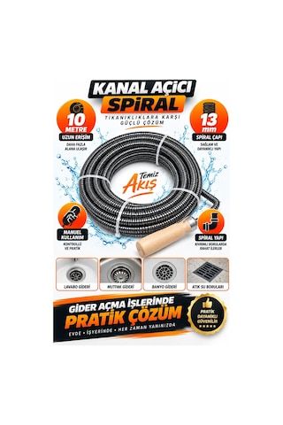 13 Mm 10 Metre Kanal Açıcı Spiral Ahşap Saplı Manuel Gider Açma Teli, Lavabo Ve Boru Temizleme S