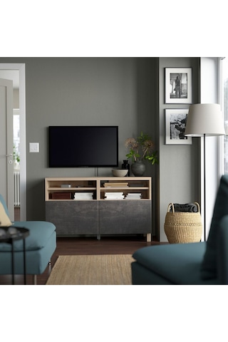 Tv Sehpası, Ağartılmış Meşe Görünümlü-koyu Gri Taş Görünümlü, 120x40x74 Cm, Kallvıken Gri