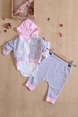Sitilin Kız Bebek Tavşan 3 Lü Kapişonlu Bebek Takım Seti Stl6418 Gri - Pembe