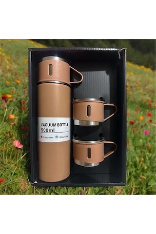 Kişiselleştirilebilir 3 Bardaklı Çelik Termos 05 Lt Kahverengi Kahverengi