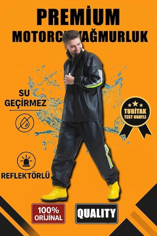 Premium Motorcu Kurye Yağmurluk Takım Su Geçirmez Pvc Kumaş Reflektörlü Tübitak Onaylı - Siyah Siyah