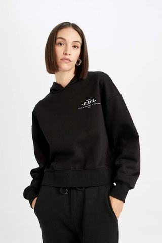 DeFacto Boxy Fit Kapüşonlu Baskılı Kalın Siyah Sweatshirt D6717AX24WNBK81 Siyah
