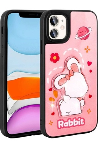 Apple Uyumlu iPhone 11 Kılıf Parlayan Kabartmalı İkonik Figürlü Zore Amas Silikon Kapak Pembe