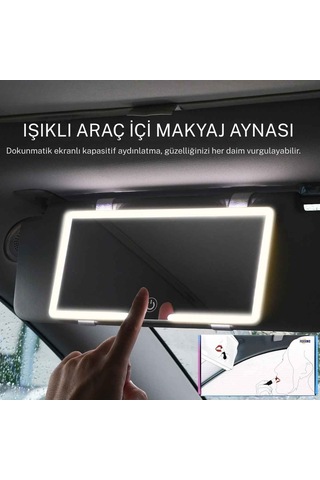 Techtic Araç İçi Led Işıklı Makyaj Aynası Dokunmatik Şarjlı 3 Modlu Hd Güneşlik Aynası 23,5-12,7 Cm Beyaz