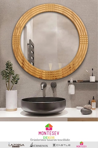 Safir Ahşap Dekoratif Ayna Yuvarlak Ayna Işlemeli Ahşap Duvar Aynası - 69 Cm Ceviz