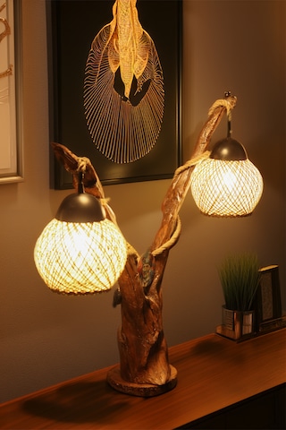 Celestia Home Büyük Boy 2 Lambalı Doğal Ağaç İskandinav Rustik Aydınlatma Ahşap Abajur Gece Lambası Ahşap