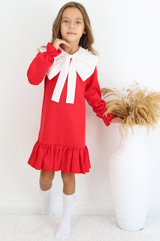 Kız Çocuk Rashel Kırmızı Yakalı Fırfırlı Uzun Kol Keten 23 Nisan 29 Ekim Gösteri Elbisesi Kırmızı