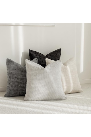 Youmex 4'lü Chenille Kumaş Yastık Kılıfı - 45x45 Cm, Bej/gri/siyah Tonları, Konforlu Dokulu, Dekoratif, Ev Dekorasyonu İçin Koltuk, Yatak, Oturma Odası Krem - Gümüş Gri - Koyu Gri - Siyah