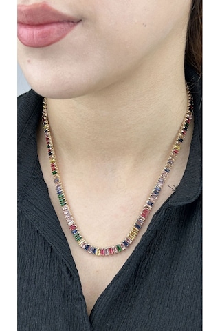 Su Yolu, Çok Renk Zirkon Taşlı, Paslanmaz Çelik Kolye 196, Kasa Altın Renk Çok REnkli