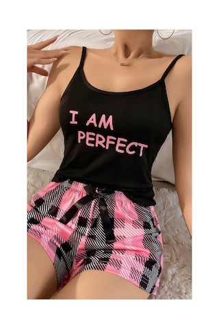 Ruselin Kadın Kare Desenli Askılı Şortlu Pijama Takım-siyah-s/m - 9075672075688