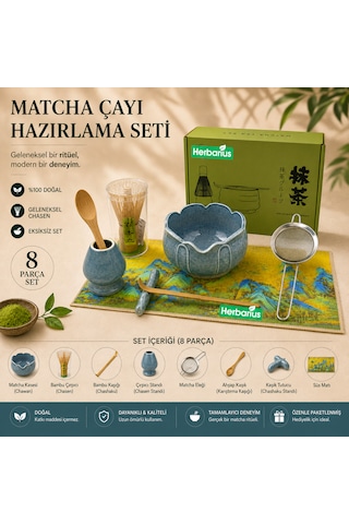 Herbarius 8 Parça Lotus Desenli Çiçek Formlu Benekli Turkuaz Mavisi Renk Matcha Çayı Hazırlama Seti - Geleneksel Japon Matcha Seti