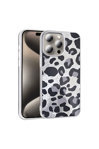 Apple Uyumlu iPhone 15 Pro Kılıf Desenli Zore Mep Kapak Gri Leopar
