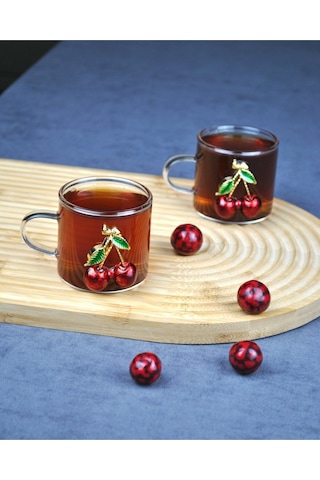 2'li Kirazlı Cam Mini Kupa Kiraz Çay Bardağı 130 Ml Kahve Fincanı Yılbaşı Şeffaf