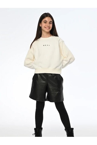 Kız Çocuk Real Yazılı Kısa Sweatshirt-13540 Ekru