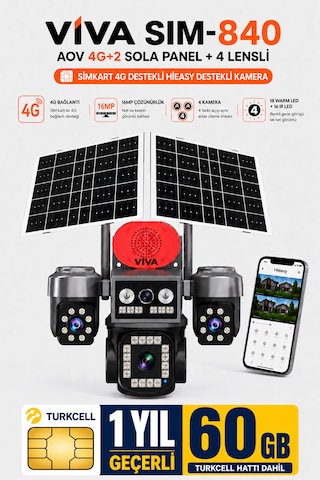 Sim-840 Çift Güneş Panelli 4g Sim Kartlı Kablosuz 4 Lensli Dış Mekan Güvenlik Kamerası 16mp Ptz 60 Gb Sim Kart Dahil
