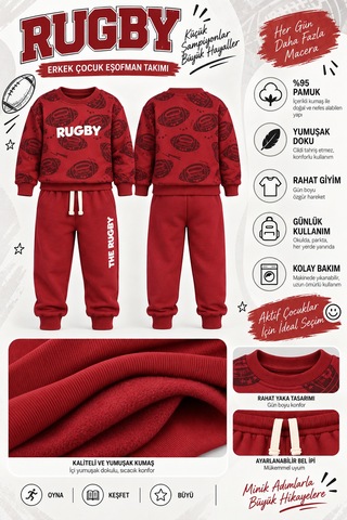 Ahengim Erkek Çocuk Rugby Topu Baskılı Pamuklu Sweatshirt Ve Pantolon Eşofman Takımı Ak119 Kırmızı
