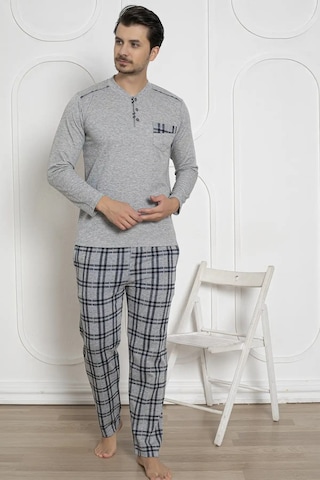 Erkek Ekose Desen Likralı Pamuk Uzun Kol Kışlık İnterlok Göğüs Cepli Pijama Takımı Gri