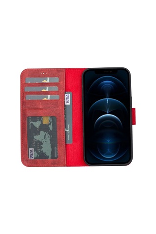 Apple İphone 13 Pro Uyumlu Deri Cüzdanlı Kılıf Liluri G4 Kırmızı