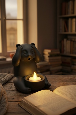 Dekoratif Tealight Mum Hediyeli Ayı Panda Tasarım Vegan Siyah
