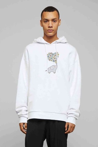 Kawaii Baby Elephants 2 Baskılı Beyaz Erkek Örme Kapşonlu Sweat