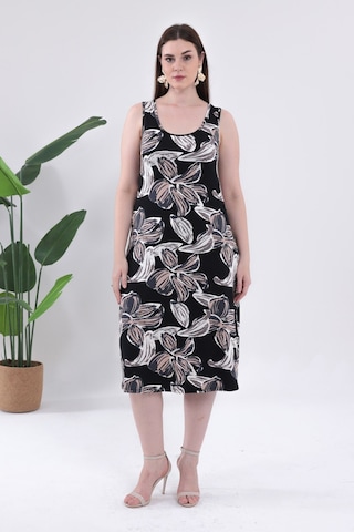 Madwilo Kadın Siyah Bej Floral Desen Askılı Büyük Beden Elbise Siyah - Sarı