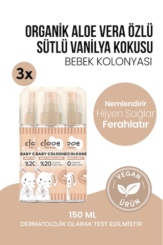 Hassas Ciltlere Özel Organik Aloe Vera Özlü Süt ve Vanilya Kokulu Soft Vanilla Milk Bebek Kolonyası 3'lü Aile Paketi
