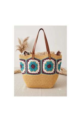 Myzumax El Örgüsü Motifli Kağıt İp Kadın Omuz Çantası Deri Askılı, Boho / Bohemian Tasarım Plaj Ve Günlük Çanta Bej