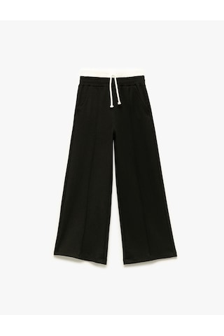 Koton Beli Bağcıklı Bürümcük Kumaş Basic Geniş Paça Pantolon Siyah 5skg40215ak Siyah