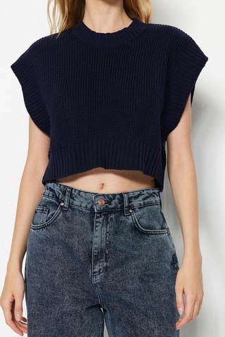 Ersefa Stil Modern Kadın Crop Standart Kol Bisiklet Yaka Triko Süveter Lacivert
