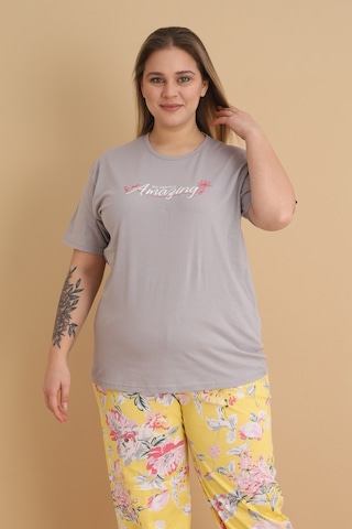 Wordex Mirano 4500 Kısa Kollu Çiçekli Süprem Kumaş Büyük Beden Kadın Pijama Takımı Gri