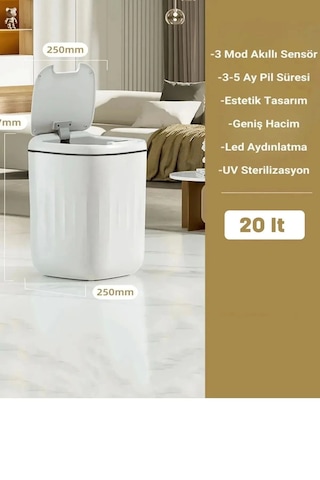 Akıllı Teknolojik Sensörlü Çöp Kovası Işık Koku Geçirmez Mutfak Banyo Wc Ofis 20l Uv Çok Renkli