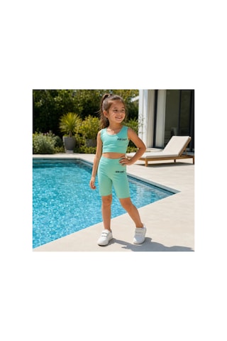 Rony Pony Kids Kız Çocuk Mint Yeşili Crop Üst Ve Uzun Şortlu Mayo Takımı - 2 Parça Yeşil
