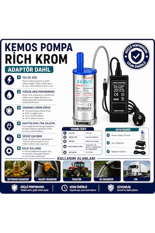 220-12 Volt Rich Krom Dalgıç Adaptörlü Mazot Aktarma Sıvı Transfer Pompası