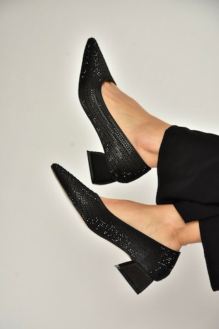 Fox Shoes Y820071804 Siyah Kumaş Taş Detaylı Kalın Topuklu Abiye Ayakkabı Siyah