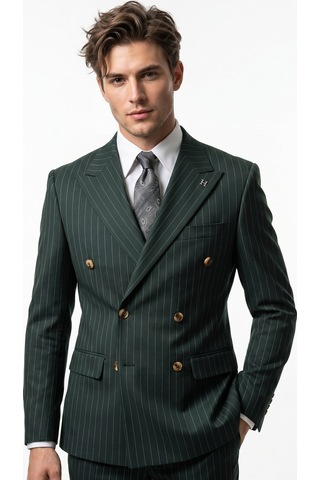 Hermose Sartorial Zümrüt Yeşili Çizgili Kruvaze Takım Elbise Yeşil